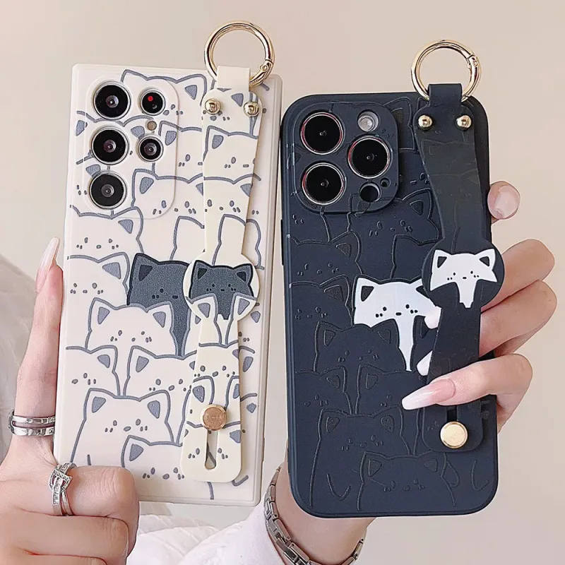 For Iphone 16 Pro Max Plus Wrist Strap Phone Holder Cute Funny Cartoon Black White Cat Pattern Soft TPU Case Shockproof_voghion.com