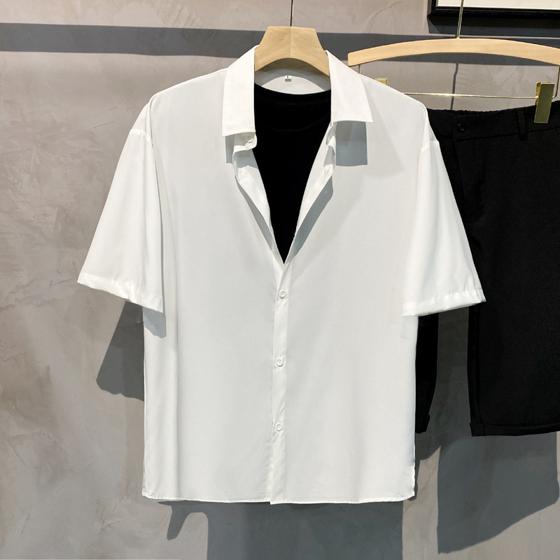 Abbigliamento maschile Ascetico Ghiaccio Seta INS Temperamento Retro Drappo Stiratura libera Verde Bianco Camicia Uomo E Donna Manica Corta Bello Versione Coreana Largo_voghion.com