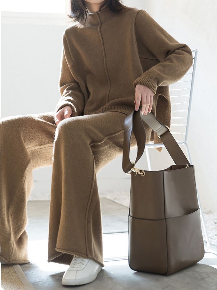 Nuovo maglione spesso e largo a collo alto a metà, due pezzi, pantaloni a gamba larga lavorati a maglia, set casual da donna_voghion.com