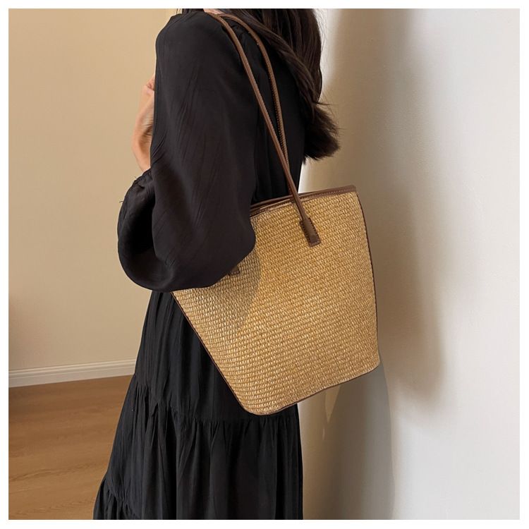 Women's Bucket Bag Woven Bag Fashion Striped Straw Braid Holiday Beach Style Armpit Bag Commute Seaside Simple Handheld Bucket Bag_voghion.com