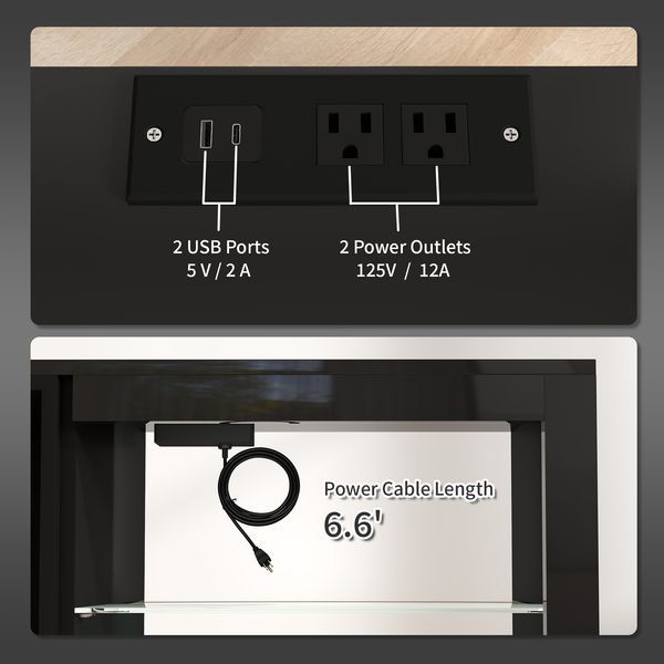 HOMCOM Below TV Cabinet For 55'' TV, Black Entertainment Center With 5 Storages, Power Outlets, LED Lights, Adjustable Shelves_voghion.com