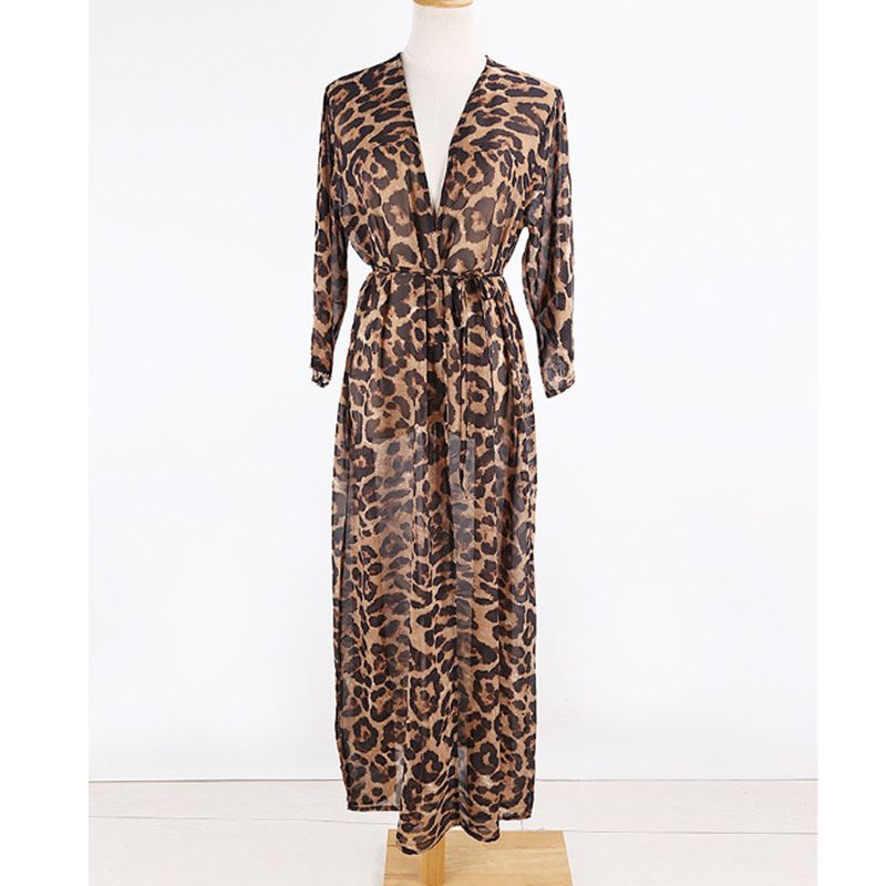 Eleganter Chiffon-Kimono-Überwurf mit Leopardenmuster – leichtes, langärmliges Strandhemd mit V-Ausschnitt für Damen, locker sitzender Sommer-Cardigan im Boho-Chic-Stil_voghion.com