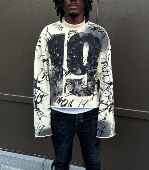Numéro 19 Street Terry Cotton Hip-Hop Gothic Loose Y2K Ras du cou Manches longues Style vieilli Vêtements_voghion.com