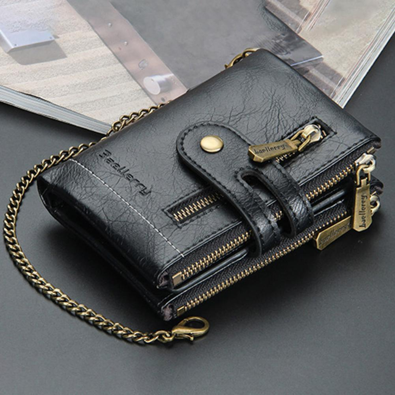 Carteira masculina de couro sintético com zíper duplo, grande capacidade, fivela segura, carteira retrô, carteira da moda com várias grades para homens_voghion.com