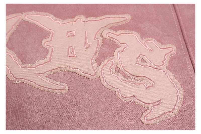Fleece-Kapuzenpullover im Vintage-Stil für Herren mit Buchstabenstickerei und Wildlederbesatz – lockere Passform, Reißverschluss, übergroß (Schwarz, Retro-Grün, Altrosa)_voghion.com