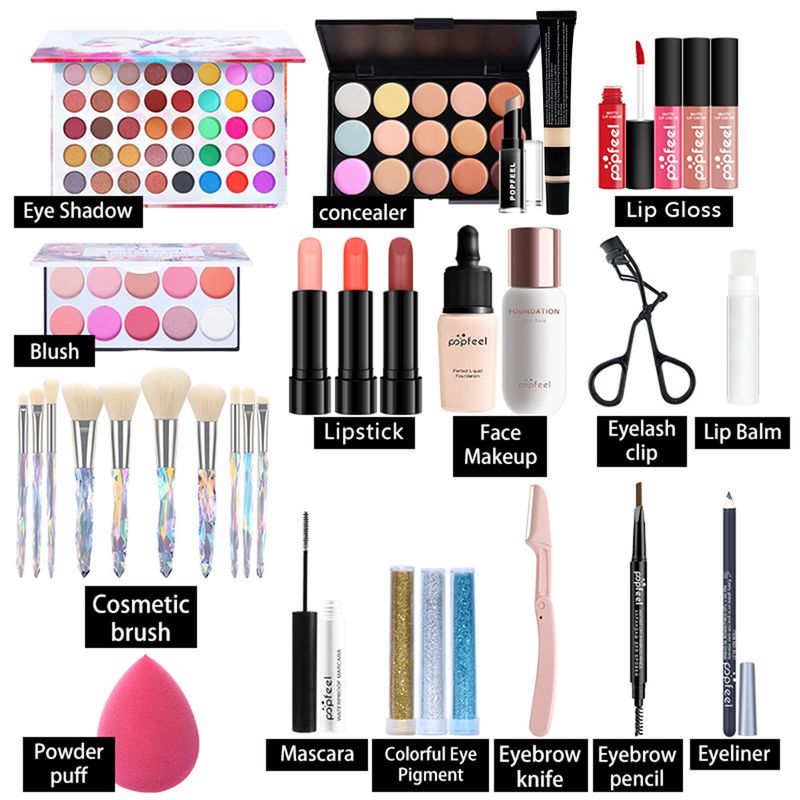 Make-up-Sets POPFEEL Lidschatten Lipgloss Rouge Foundation Lipgloss Lippenstift Make-up-Box Komplettset Kombination KIT014_voghion.com