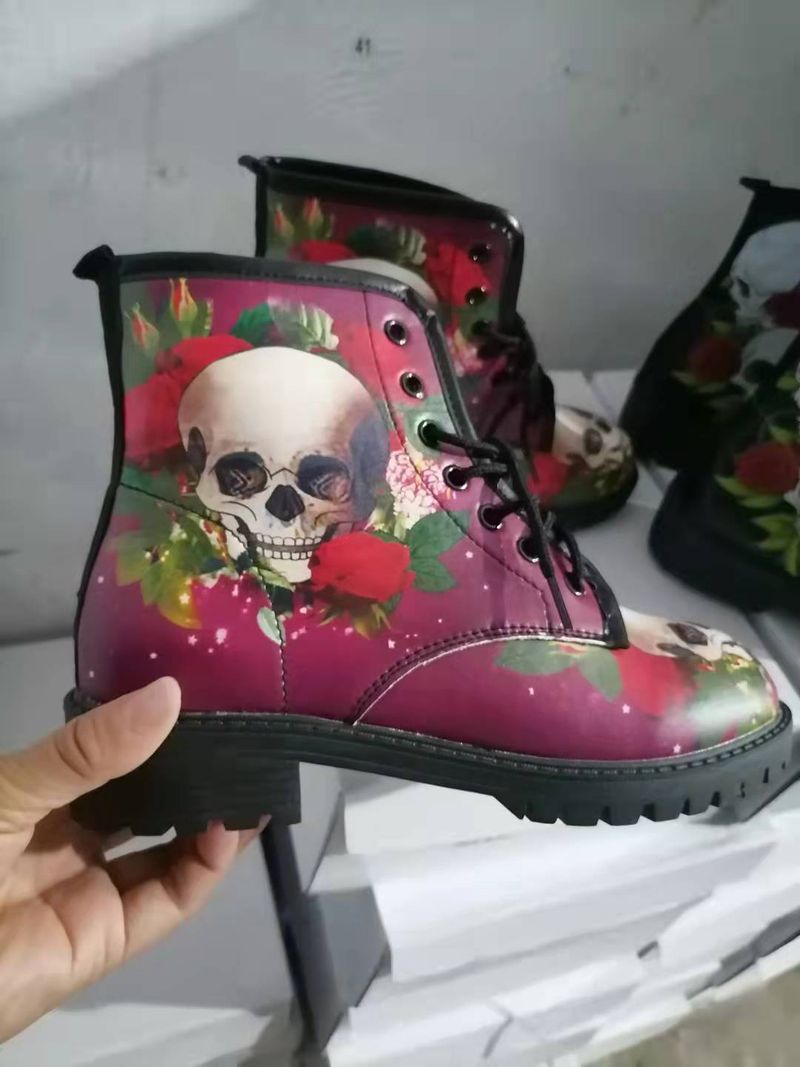 CMY-Women's Boots PU Women's Shoes Fashion Tooling Boots Large Size Printed Autumn Women's High Top Skull Pattern Martin Boots Women's_voghion.com
