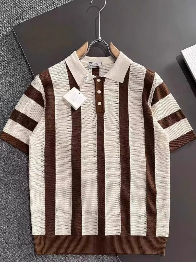 Maglietta a maniche corte a righe in maglia con risvolto a contrasto di colore, traspirante, alla moda e coordinabile._voghion.com