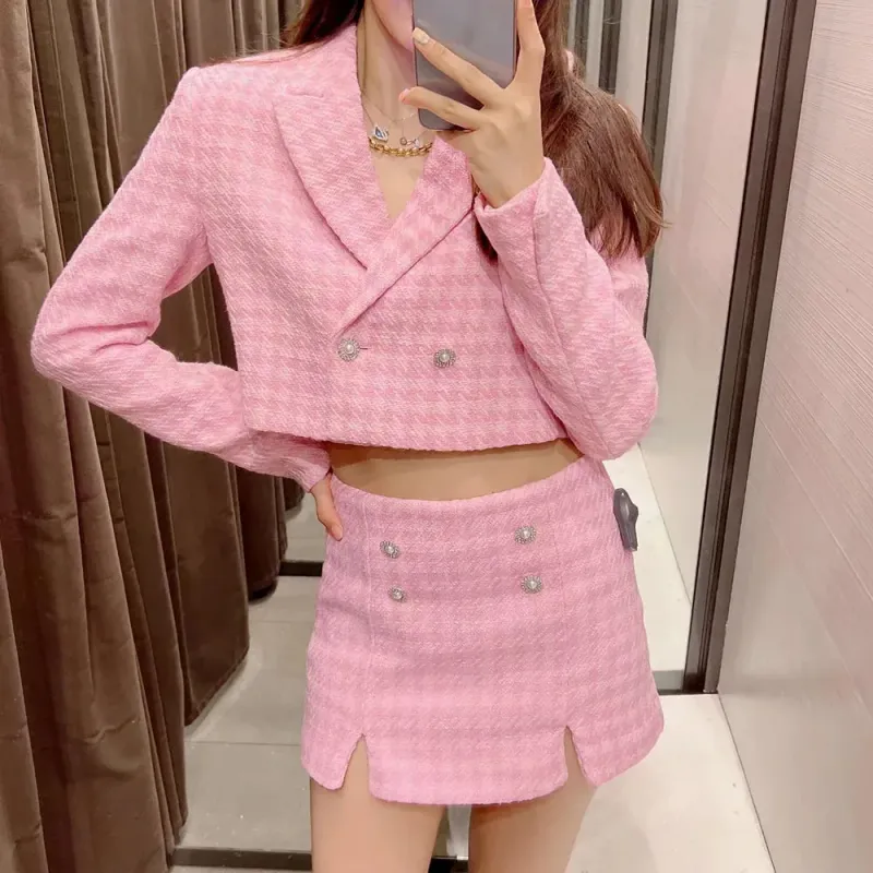 Two Piece Pink Mini Dress Designer Klacwaya Tweed Set 2-piece Fashionable Jacket Womens Shorts_voghion.com