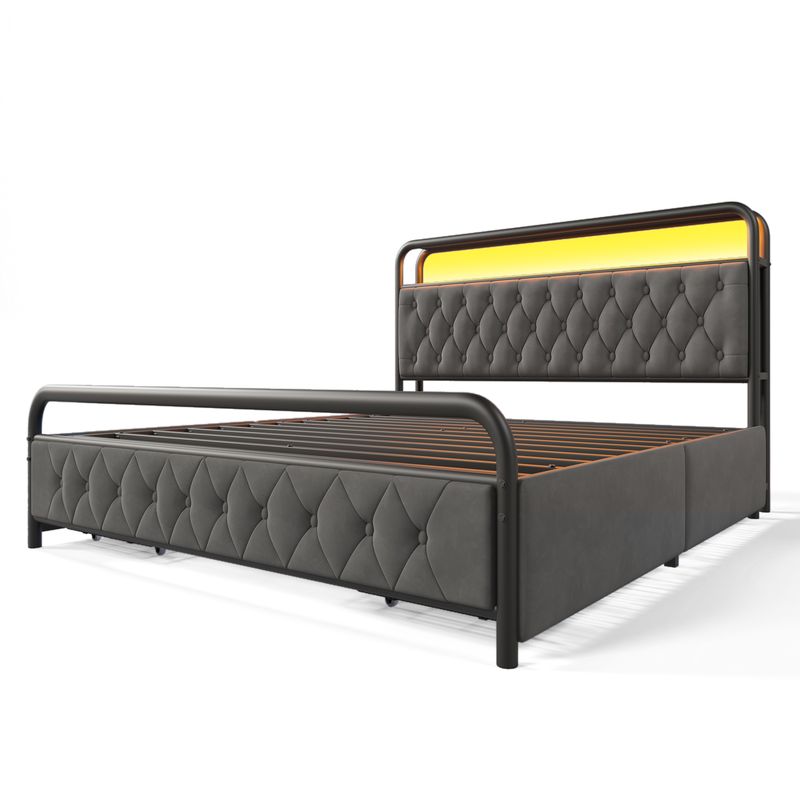 Lit double avec chargement USB Type-C, cadre de lit LED contrôlé par application, cadre de lit en métal 140 x 200 cm avec 4 tiroirs, revêtement en velours (matelas non inclus)_voghion.com