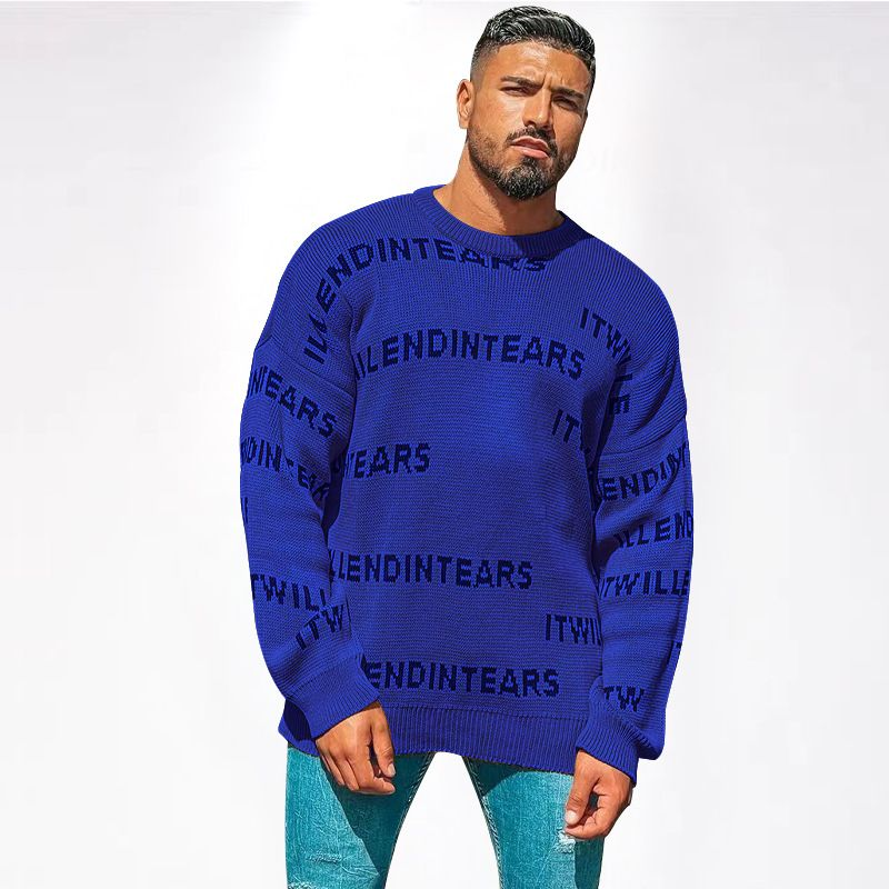 Men's Knit Letter American High Street Leisure Round Neck Loose Soft Waffle Pullover Top Men_voghion.com