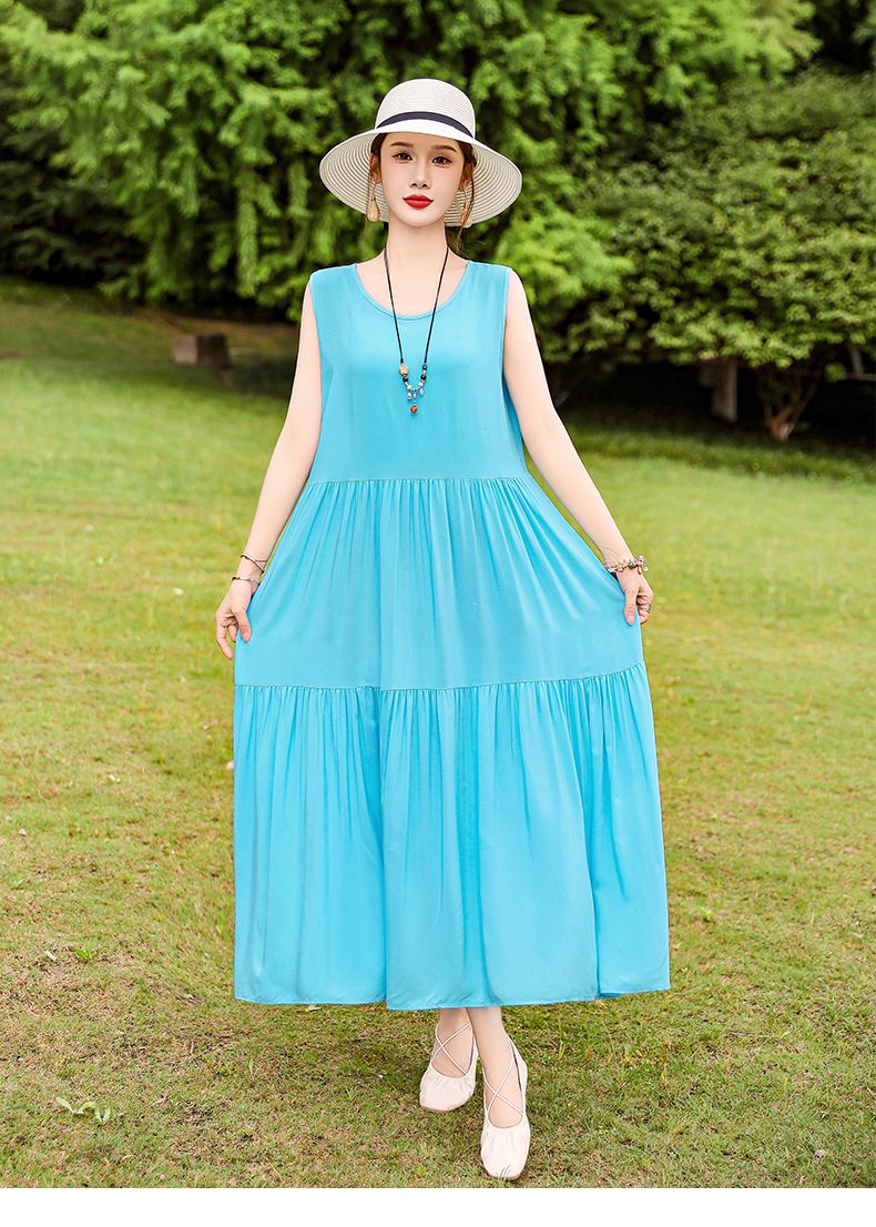 Französischer Stil High-End für Frauen Sommer 2025 Neue lose Plus Size Extra lange Baumwolle Blumenweste Kleid Falten Outfit_voghion.com