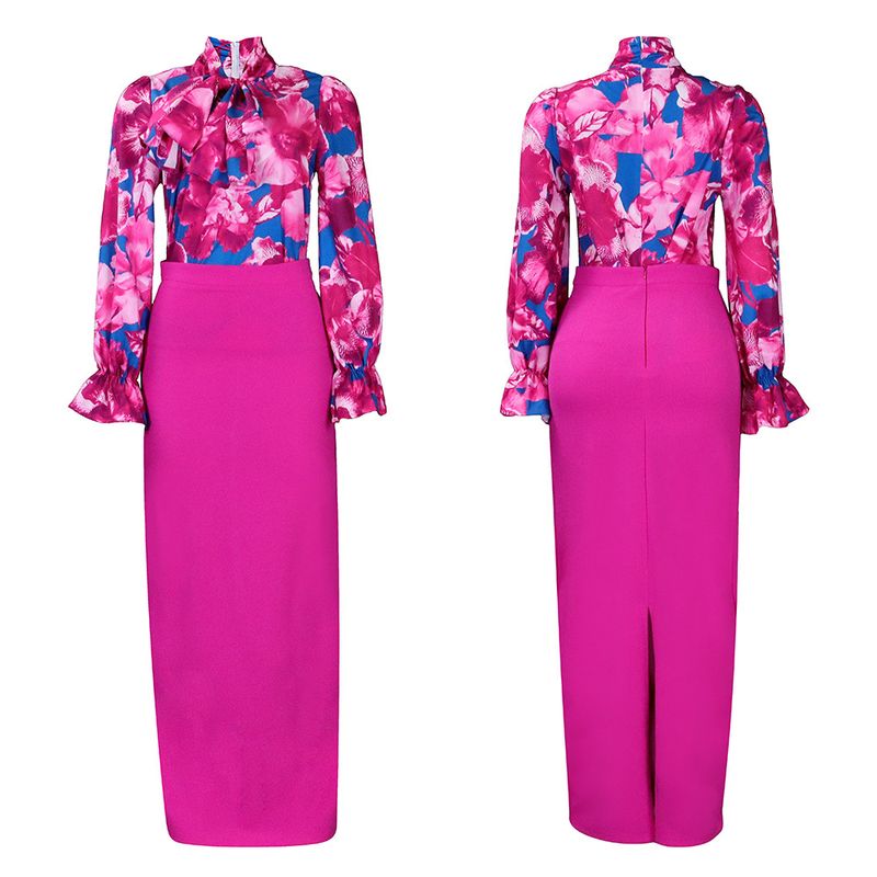 Dameskleding Mode Bedrukt Strappy Shirt met Lange Mouwen Rok Lange Rok Tweedelige Set_voghion.com