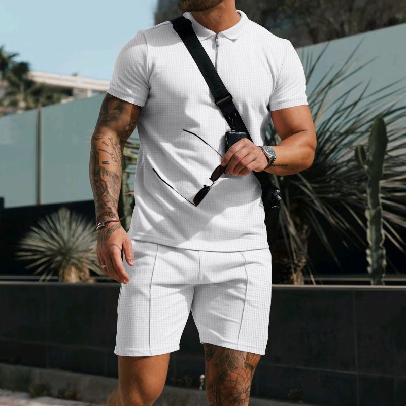 Conjunto de shorts de manga curta masculinos europeus e americanos verão waffle cor sólida casual solto zíper lapela conjunto de duas peças_voghion.com
