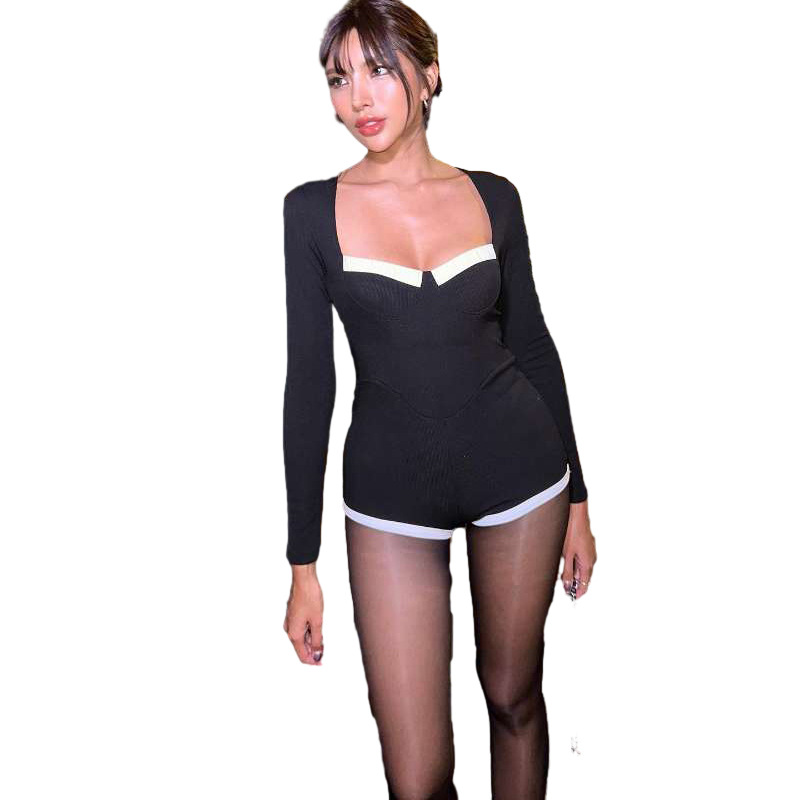 Women's Clothing Autumn And Winter Sexy Low Cut Fashion Contrast Color Bottoming Knitted Casual Jumpsuit_voghion.com