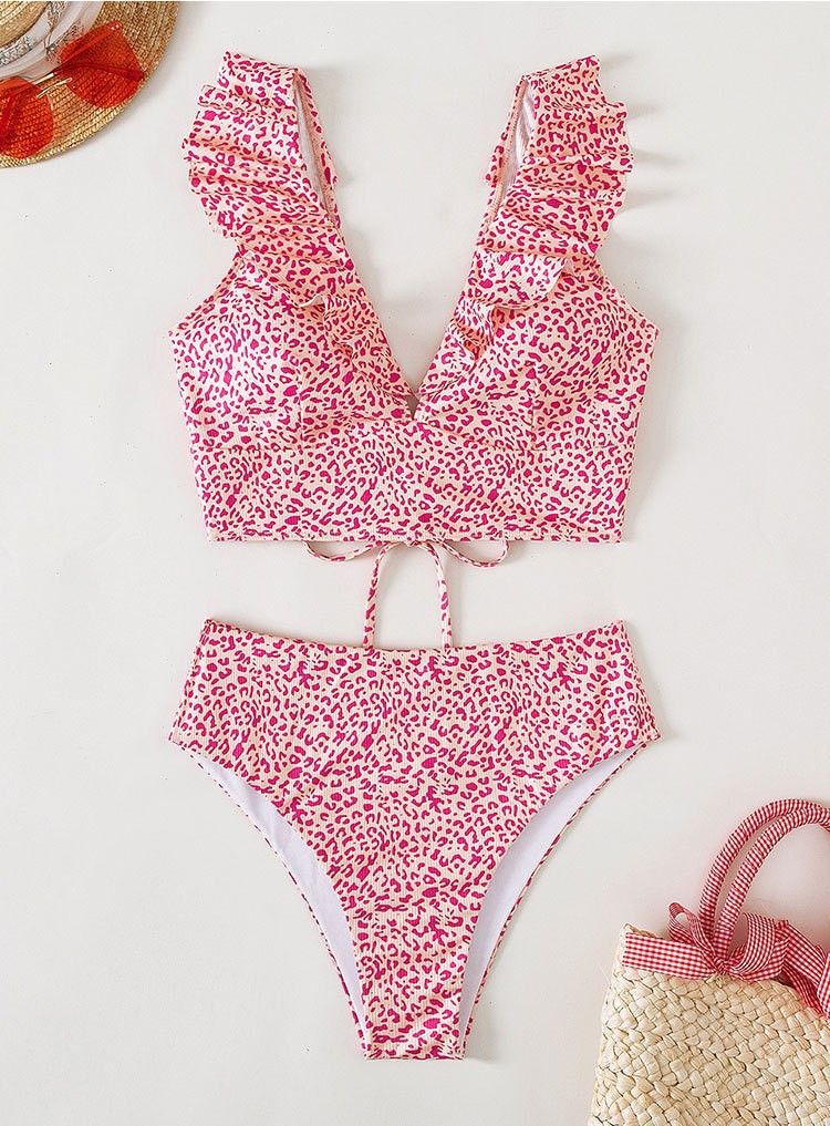 Maillot de bain fendu multicolore à volants et col en V pour femme, bikini taille haute fendu_voghion.com