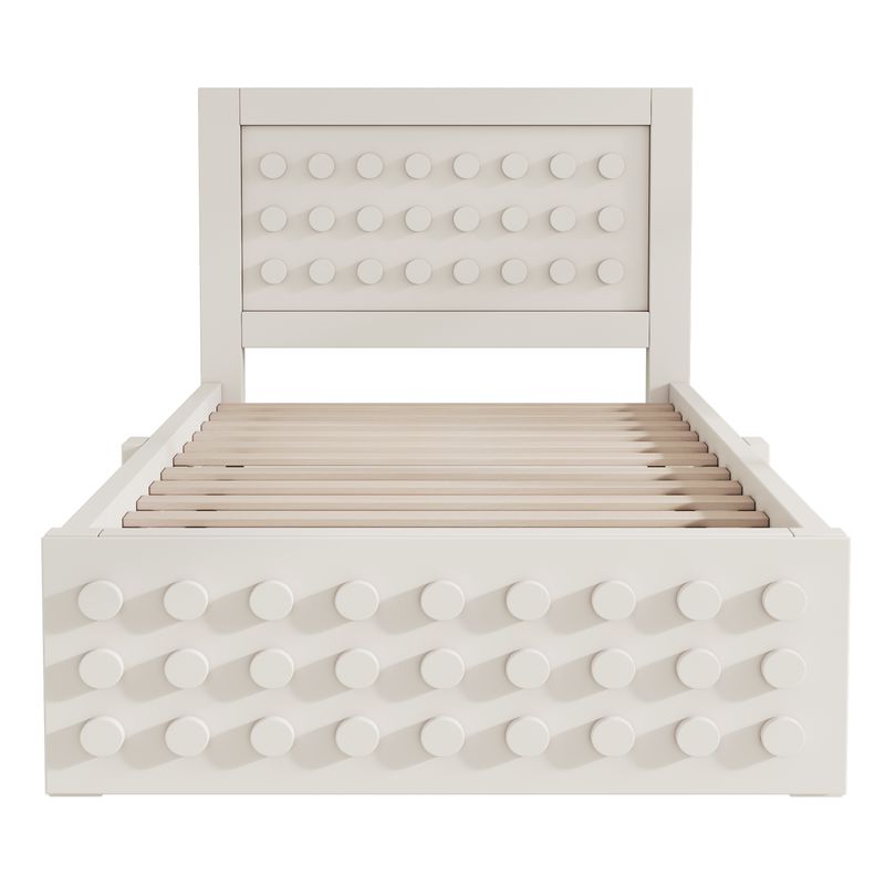 Holzbett 90x190cm Mit Blockdesign, Massivholz, Schubladen, Stauraum, Blanc_voghion.com