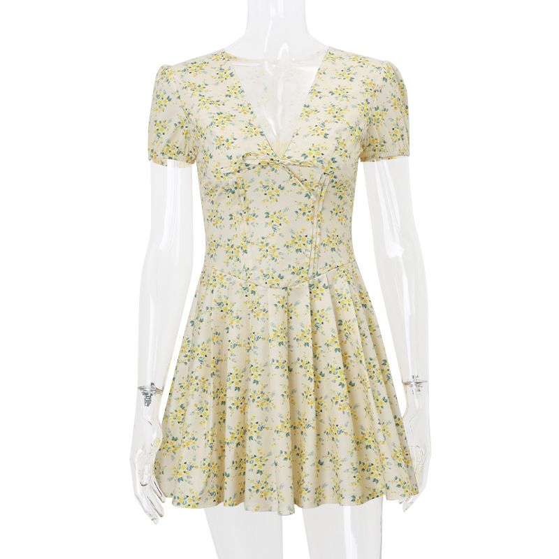 Women's 2024 Autumn New Fashion Sexy Floral Puff Sleeve V-neck Slim Fit French Dress_voghion.com