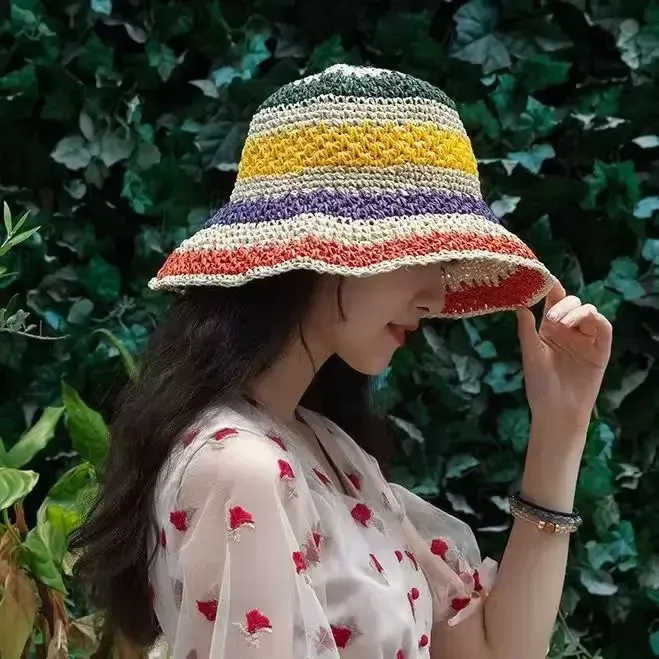 Cappello Panama pieghevole da spiaggia femminile, a righe, estivo, arcobaleno, alla moda, da donna_voghion.com