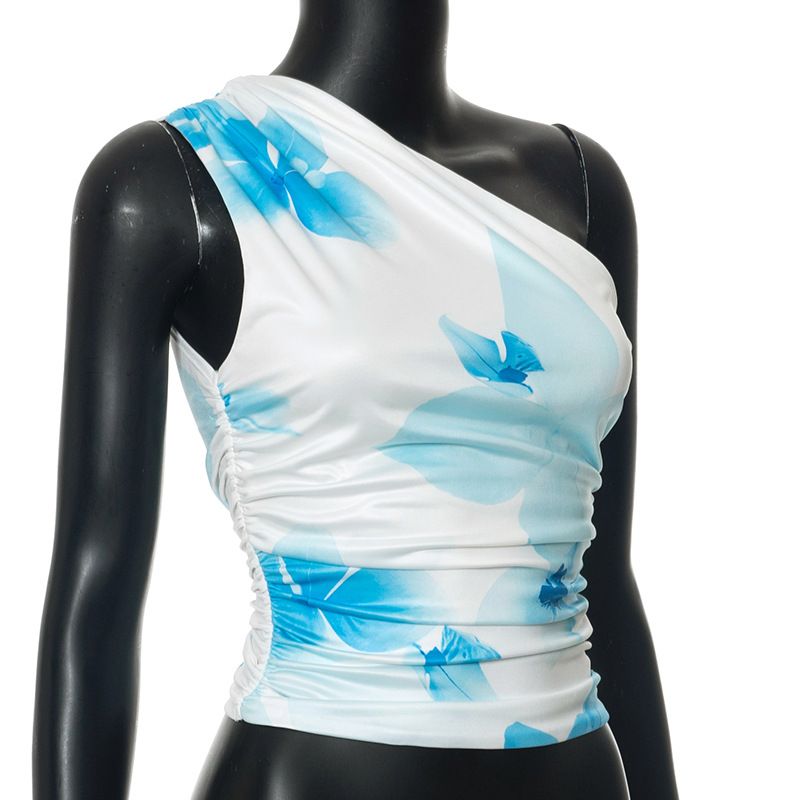 Vêtements pour femmes, nouveaux hauts d'été sans manches à col oblique et épaules dénudées, imprimés sexy, couleur contrastée_voghion.com