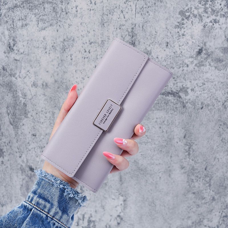 Cartera de mujer estilo coreano con tres pliegues, larga, a cuadros, con broche, con múltiples ranuras para tarjetas, de piel sintética, tarjetero_voghion.com