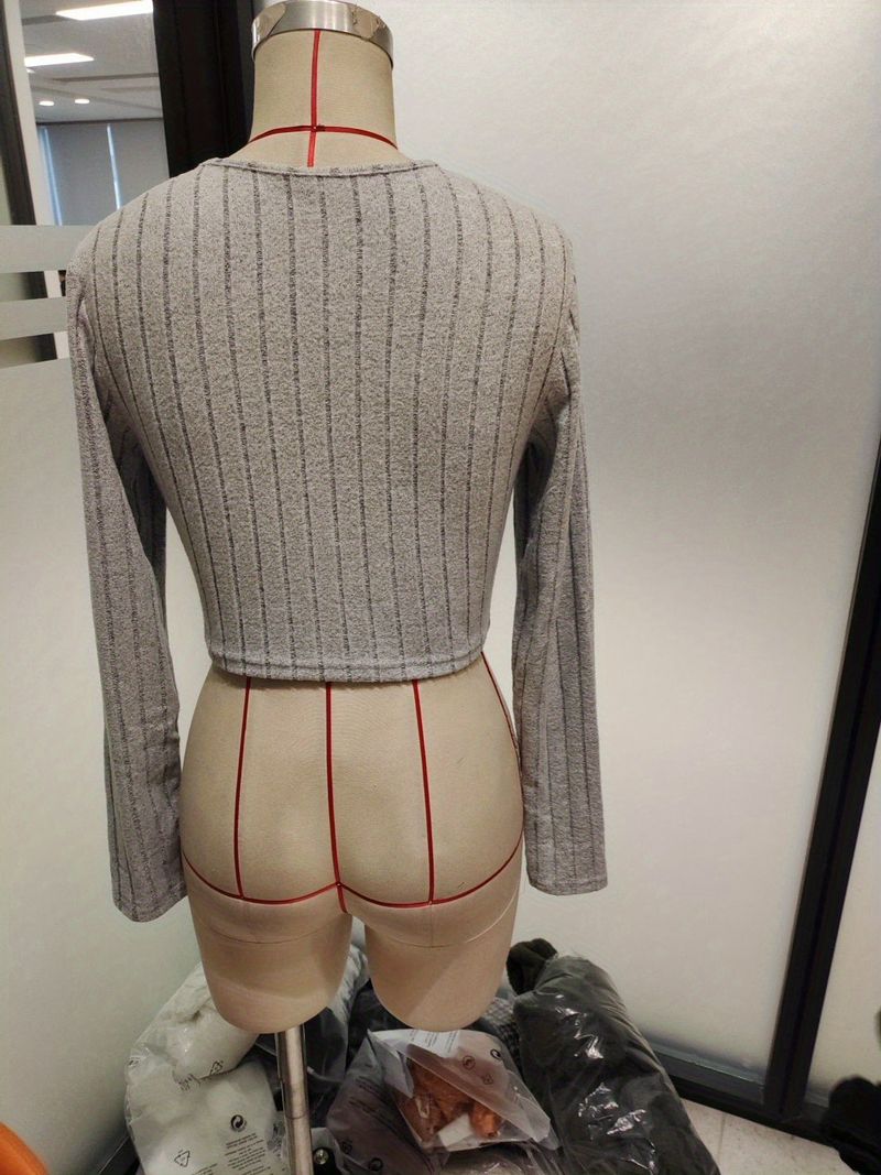 Dames strakke mode effen kleur pitstrip dames kleine ronde hals met lange mouwen en zijvorkrokset_voghion.com