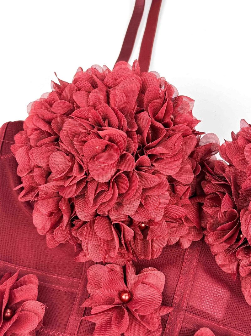 Damenbekleidung Rote Unterwäsche Mesh Durchsichtiger Fischgräten-BH Mit BH-Pad Perlenbesetzte dreidimensionale Blumen Für Oberbekleidung Mit Schönem Rücken_voghion.com