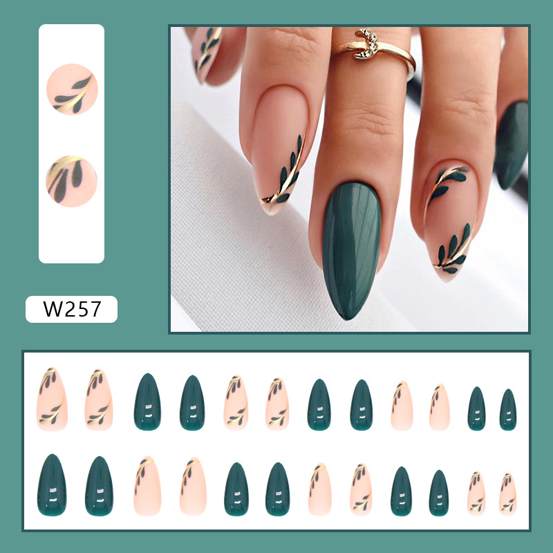 Small fresh bright matte double nail art, minimalist, leaf wearing armor, dark green temperament, sweet and cool_voghion.com