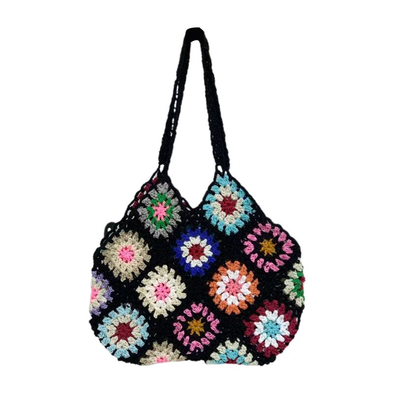 Lihao Women Tote Bag Floral Crochet Large Capacity Handmade Vintage Multicolor Hollow Out Handbag for Travel-Khaki One_voghion.com