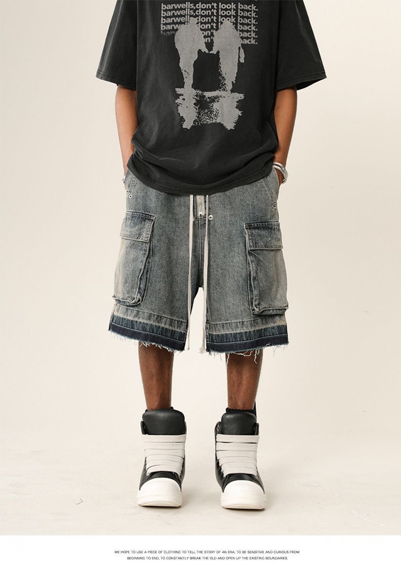 Herreklær High Street Vibe Vasket, slitt denimshorts med rå kanter Trendy merkevare Løse shorts med flere lommer_voghion.com
