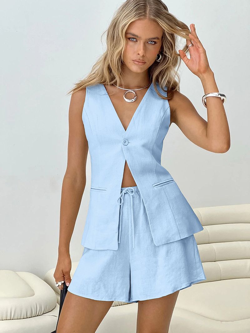 Ropa de mujer, chaleco sin mangas de algodón y lino, traje de pantalón corto_voghion.com