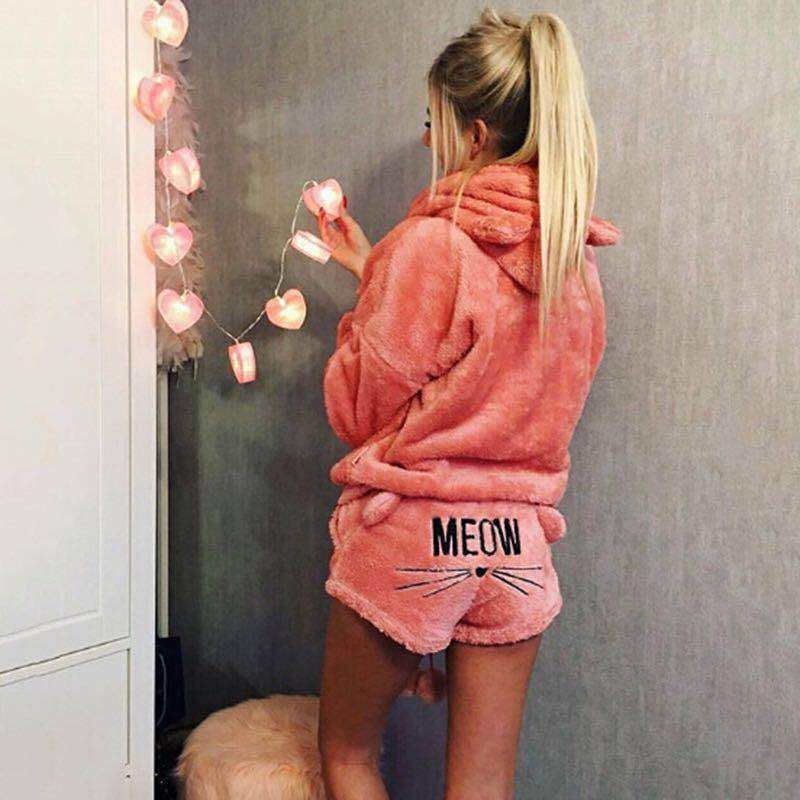 Damenbekleidung, Kleidung, Katze, bestickt, Pyjama, Kapuze, Freizeitanzug, zweiteiliges Set_voghion.com