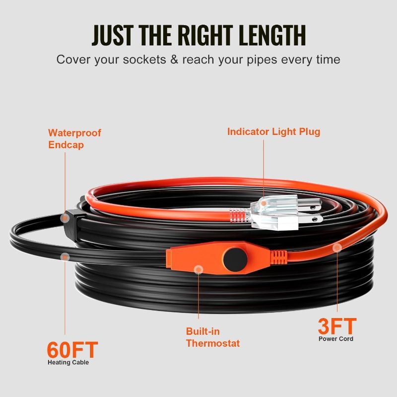 Heat Pipes Cable 60FT Heating Pipe Thermostat 7W Tape For FT With Builtin_voghion.com