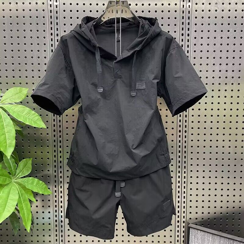 Unbeatable Quality Summer Lightweight Breathable Sun Protection Hooded Short Sleeved Shorts Two-piece Set For Men's Trendy Simple Solid_voghion.com