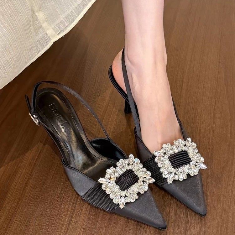 Morning Steps, Elegancia, Tacones altos con hebilla cuadrada y punta en amarillo crema claro con diamantes de imitación, Aire de primavera y verano para mujer_voghion.com