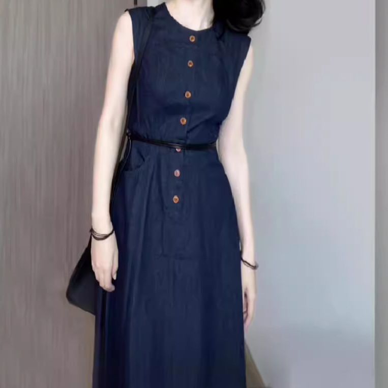French Blue Denim Sleeveless For Commuting, Slimming A-Line Vest Dress, High-End Exquisite Temperament Long Dress_voghion.com