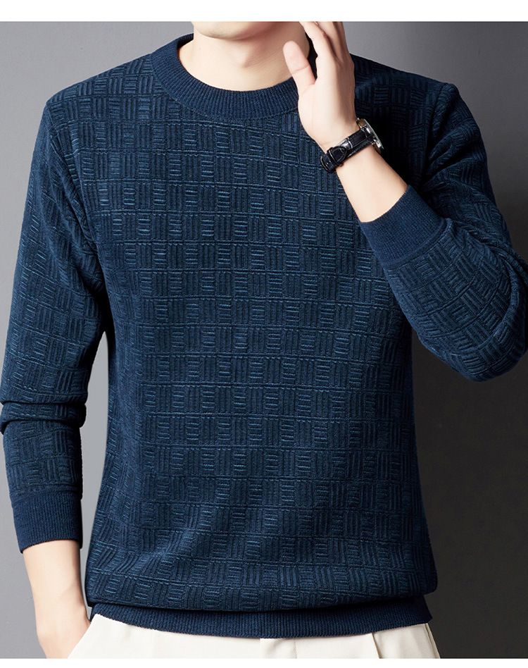 Herrenbekleidung Winterpullover für Herren Plus Samt Verdickter Jacquard-Karos All-in-One-Samt Warmes Oberteil Einfarbiger Rundhalspullover_voghion.com
