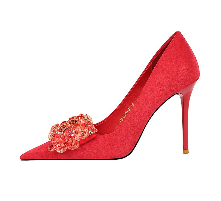 Banquet High Heels Women's with Thin Heels, Suede, Shallow Mouth, Pointed Water Diamond Bow Single Shoes_voghion.com