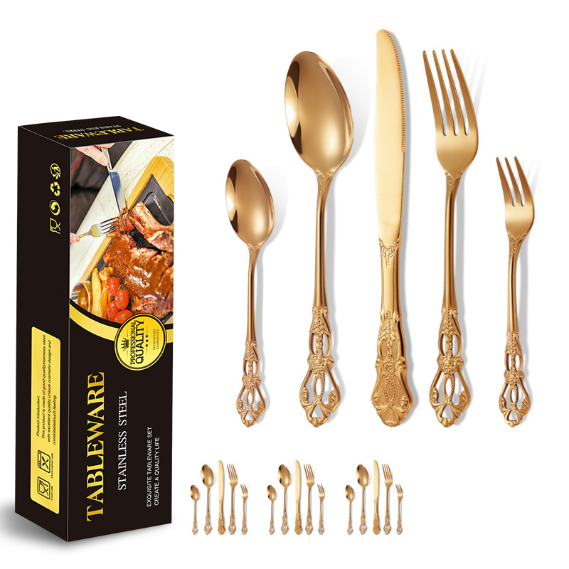 Royal Edelstahl-Set aus Messer, Gabel und Löffel, grenzüberschreitendes 20-teiliges Set für 4 Personen, Retro-Steakmesser mit Hohlrelief, europäischer Stil_voghion.com