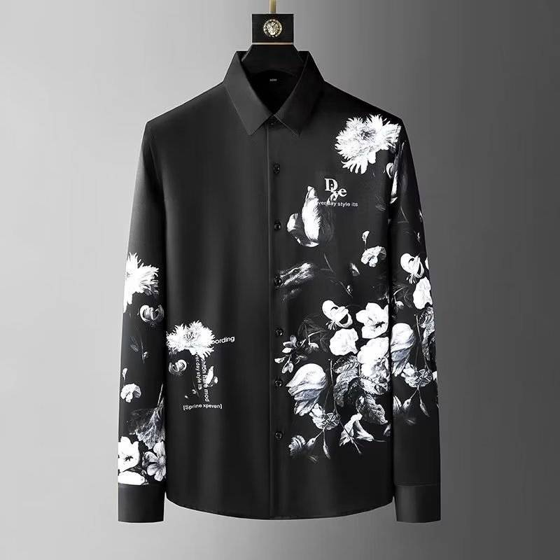 Herrenbekleidung Langarm-Tintenmalerei-Hemd für Herren, schlank, lässig, Frühling, neue trendige Markenmode, Business-Freizeithemd für Männer_voghion.com