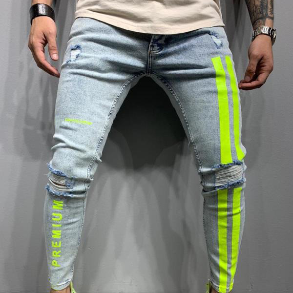 Men's Clothing print new men's slim fit ripped foot pants paint jeans men_voghion.com