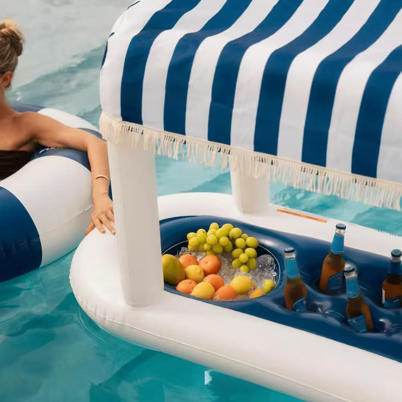 Plateau flottant gonflable avec auvent – Porte-gobelet Cabana rayé jaune pour piscine et plage_voghion.com