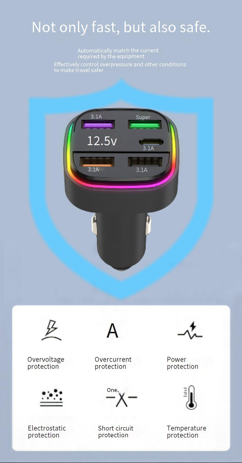 Autoladers Multipoort Autolader QC3.0 Snelladende Autolader Vijf Poorten Uitbreiding Kleurrijke Sfeerverlichting_voghion.com