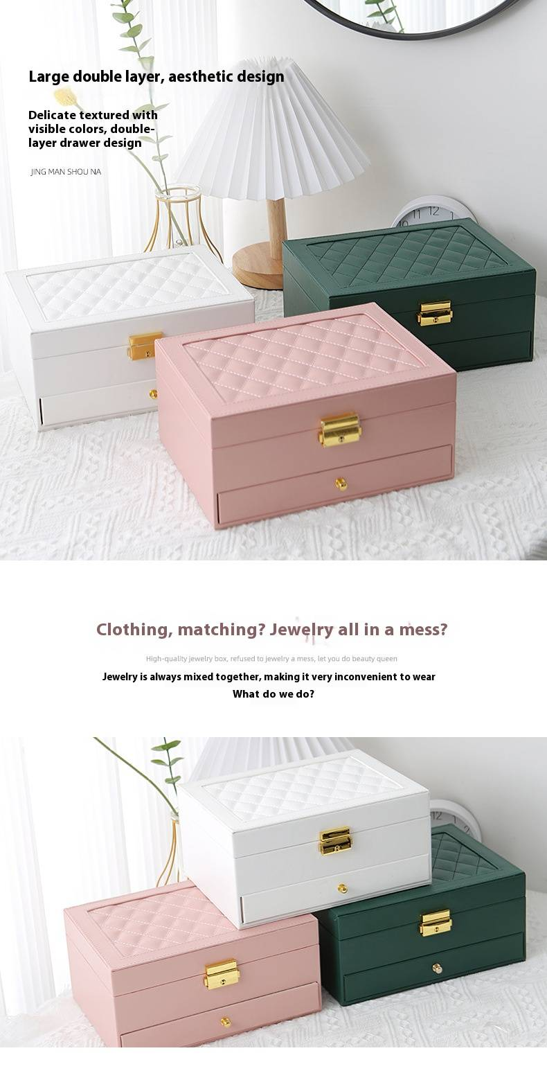 Doppelschichtige Schmuckschatulle aus Leder im Schubladenstil, hochwertige Ohrring-Handschmuckschatulle, Ohrring-Ohrring mit Schloss, Schmuck-Aufbewahrungsbox_voghion.com