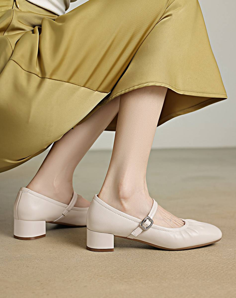 【Lamb Skin】Cameido Square Toe Pleated Simple Style Chunky Heel Mary Jane Shoes For Autumn Shallow Ankle Strap Shoes_voghion.com