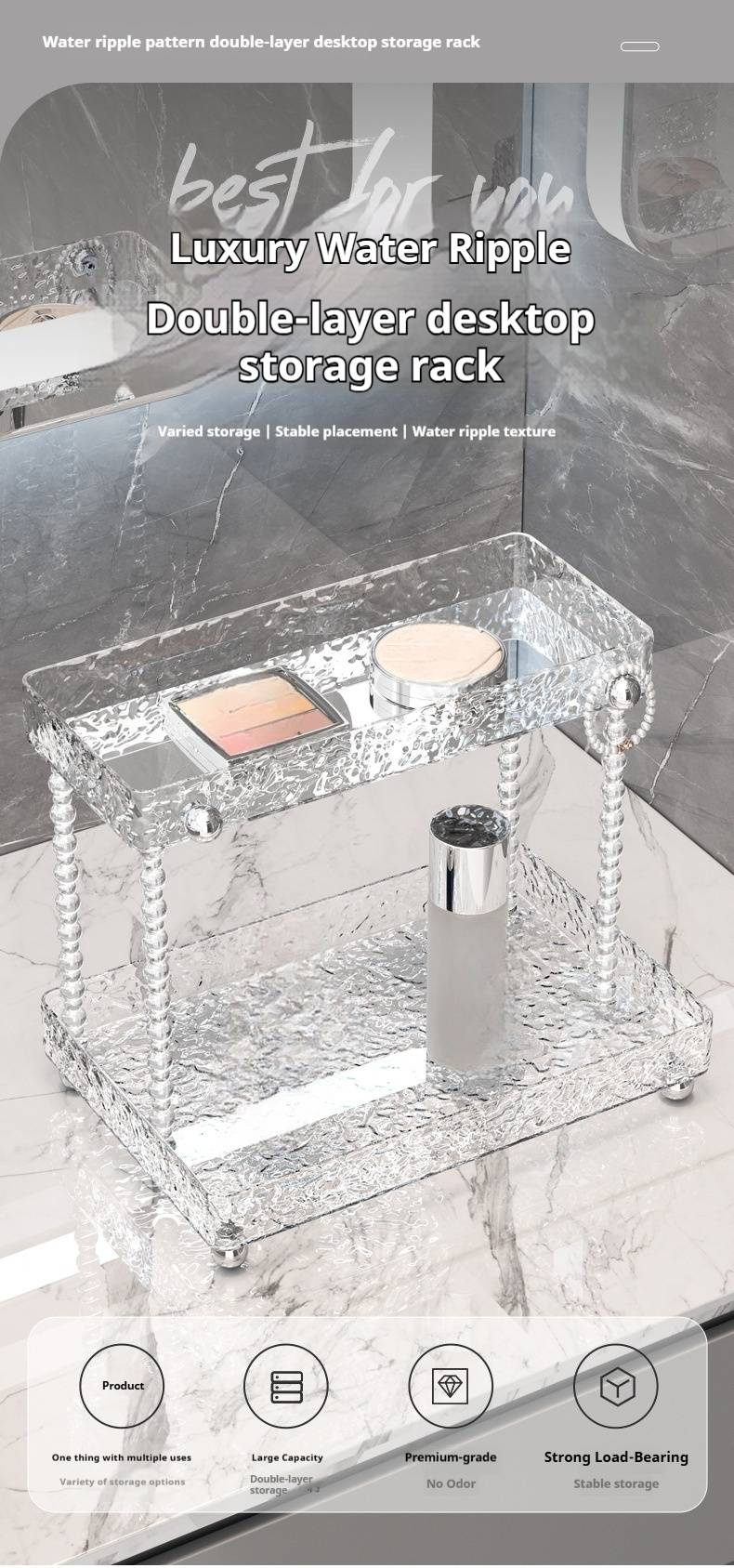 Organizer da bagno a 2 livelli - Mensola da appoggio per spazzolino da denti, cosmetici e prodotti per la cura della pelle (grigio trasparente, impermeabile, capacità 10 kg)_voghion.com