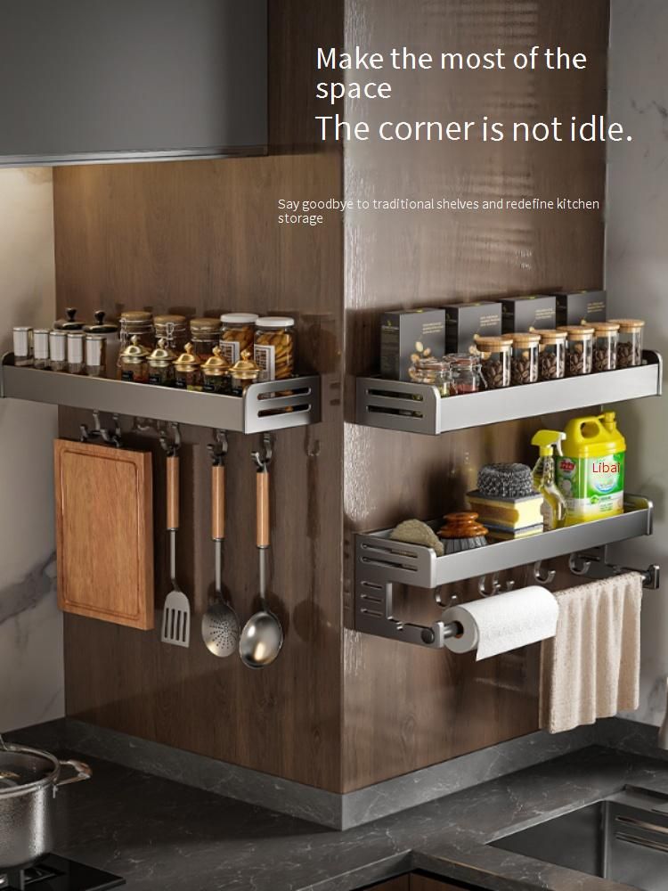 Aluminium kruidenrek voor aan de muur, keukenorganizer zonder boren, multifunctionele opbergplank voor specerijen, modern ontwerp in geweergrijs_voghion.com