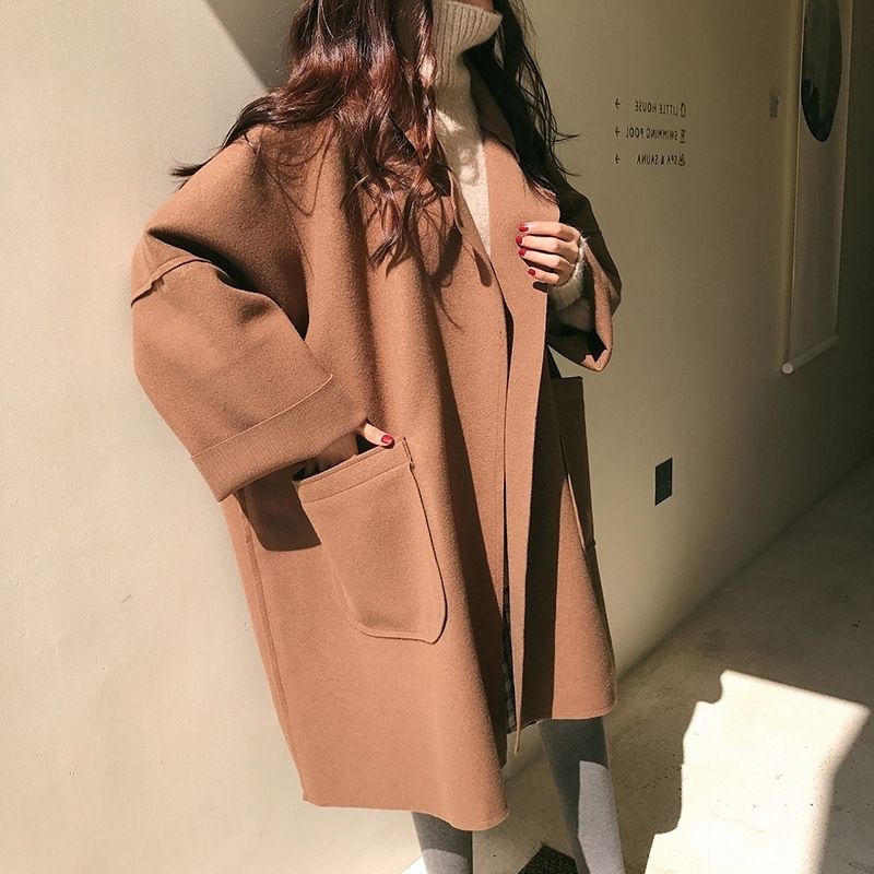 Women’s Audrey Hepburn-Style Wool Blend Trench Coat – Mid-Length Black & Brown Polyester Coat, Classic Office & Casual Coat With Notched Collar_voghion.com