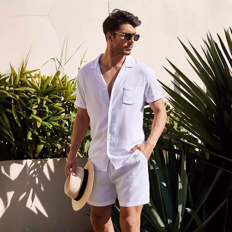 2025 Summer Sports Short Sleeve Shorts Linen Loose Casual Men's Shirt Set_voghion.com
