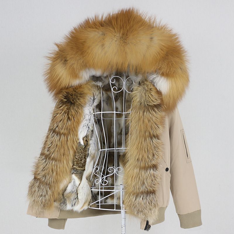 Damenbekleidung Parka im neuen Stil mit dickem Kaninchenfellfutter, abnehmbarem echtem Fuchspelz, großer Pelzkragenjacke, Pelzmantel_voghion.com